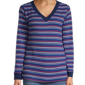 St. John's Bay Plus Womens V Neck Long Sleeve Thermal Top Size XL Blue Stripe